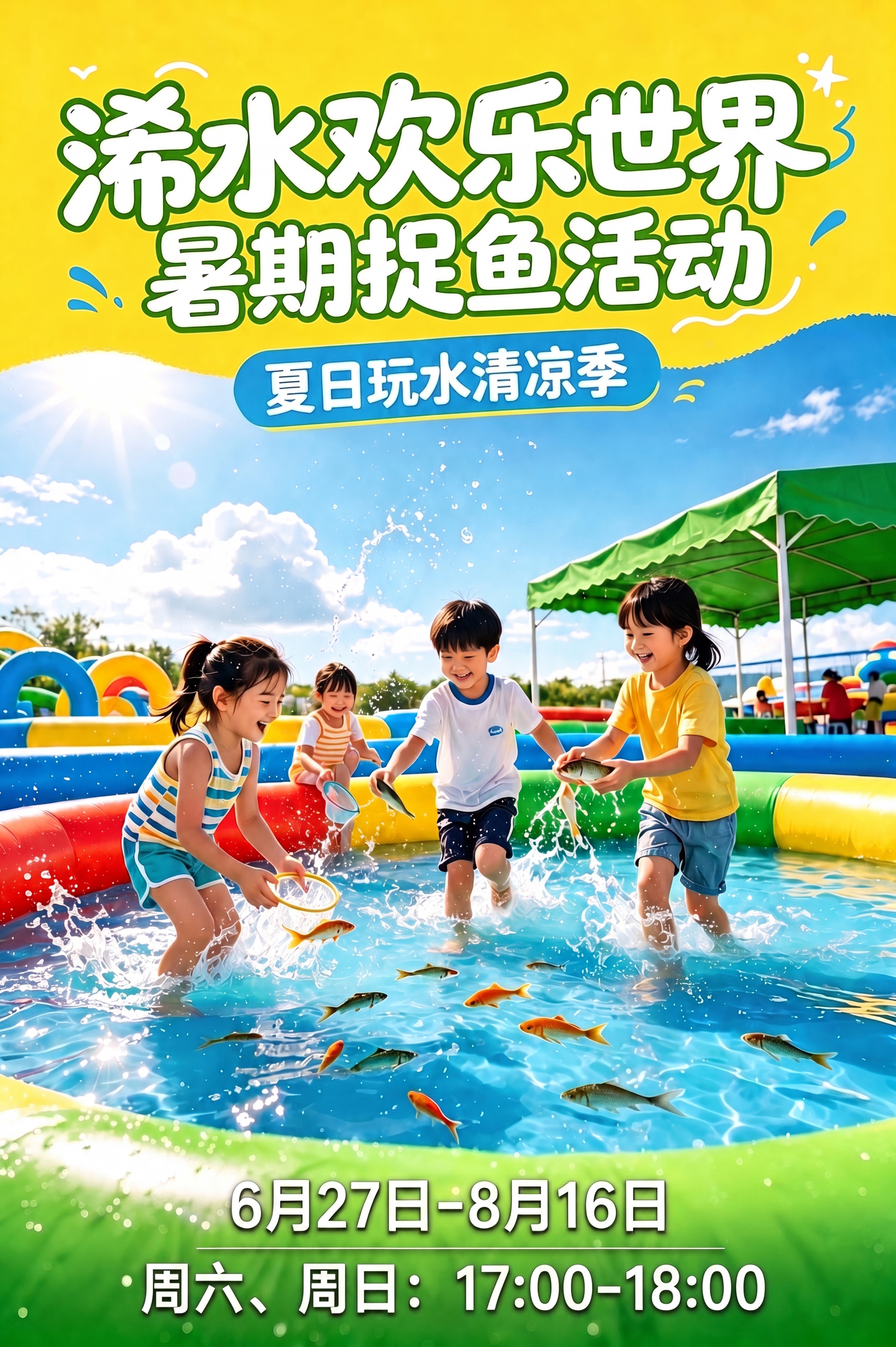 基于这张浠水欢乐世界暑期捉鱼活动海报，修改底部第二排文字：将"… - 图片创意预览
