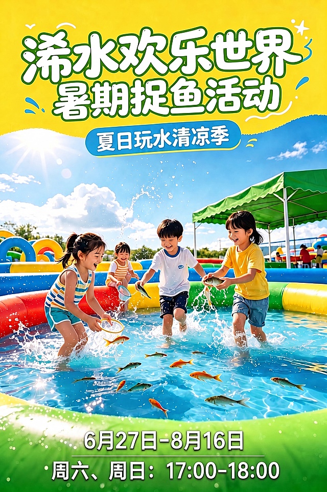 基于这张浠水欢乐世界暑期捉鱼活动海报，修改底部第二排文字：将"每天 19:30-20:30"改为"周六、周日：17:00-18:00"，保持原有海报的风格、配色、画面内容和第一排时间文字（6月27日-8月16日）不变，仅修改第二排文字，文字清晰可读，版式协调