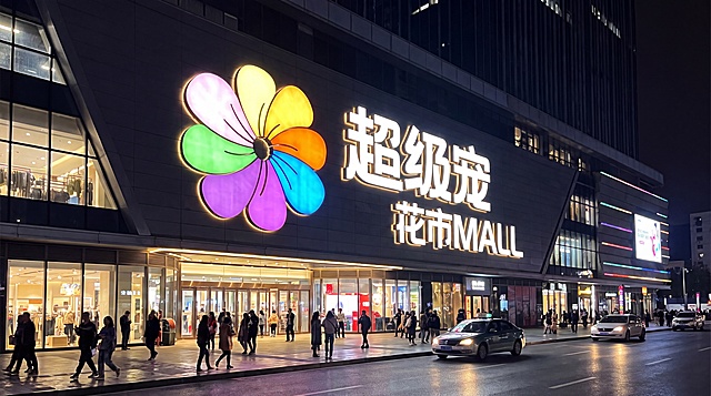 生成一个大型商场室外的logo标志效果图，展示用户提供的超级宠花市MALL logo，要求设计大气、醒目抢眼，放置在商场建筑外立面上，夜景灯光效果，真实质感，商业风格，logo清晰完整