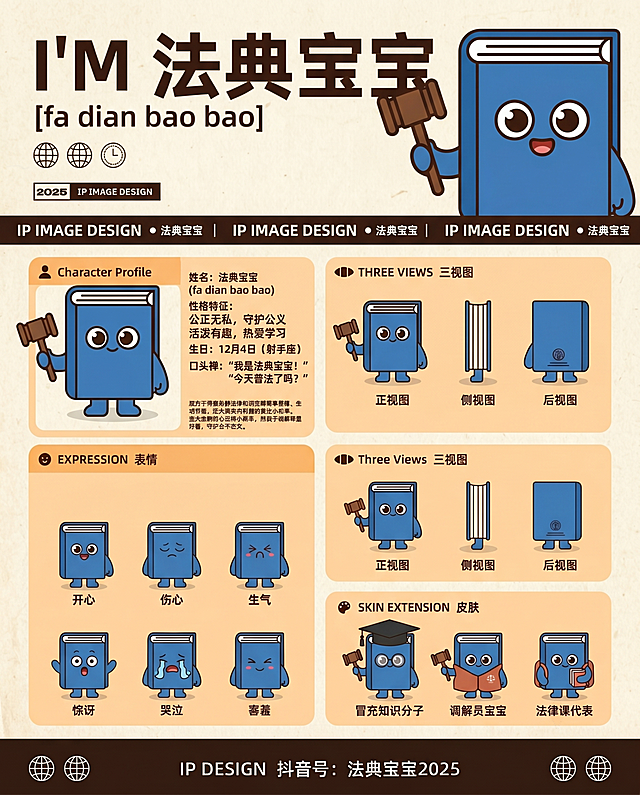 复刻图2参考模板的版式骨架、配色和排版布局，将IP替换为图1的法典宝宝普法IP，保留顶栏大标题设计，分区布局：主形象展示区、IP信息介绍、三视图、表情展示、皮肤延展，整体保持扁平可爱卡通风格，主色调浅暖橙色搭配深棕文字，排版精美，保留所有分区位置和面积比例，替换所有文案为本次IP内容，保持文字层级和风格和参考模板一致，画面比例4:5，分辨率4K