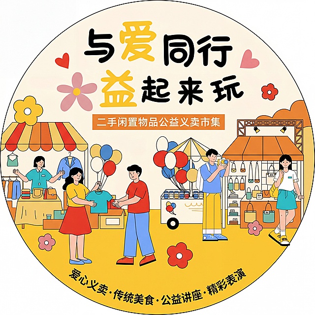根据参考图风格，生成一款公益义卖市集主题的团扇扇面，主标题为“与爱同行 益起来玩”，副标题为“二手闲置物品公益义卖市集”，保留“爱心义卖·传统美食·公益讲座·精彩表演”文字，整体为适配圆形扇面的设计，风格为扁平卡通插画，色调温暖活泼