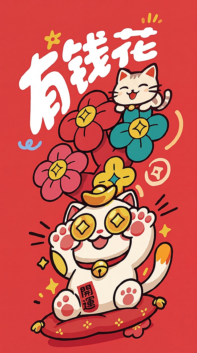 扁平插画风格，正面朝向观众、摆正姿态的招财猫红包图案：一只白底橘耳招财猫坐于红色卷轴上，手举两枚金币，周围有粉色/蓝色花朵、‘开运’印章、小星星；背景为纯红底；超高清，无阴影立体感，线条清晰，严格按参考图构图与元素布局复现
