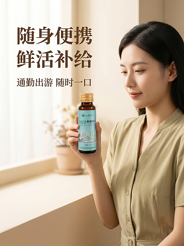 [第5屏] 刺梨原汁模特展示详情页，随身便携礼盒装场景分享，产品替换为新款。本屏使用【图1】中单瓶产品作为商品主体。
[氛围/风格] 温馨生活风，浅米色窗边背景，柔和自然光，真实自然生活感，商业人像摄影质感。
[元素布局] 右侧为亚洲女性半身人像，左手手持新款刺梨原汁单瓶，产品置于人物身前中部，占比约65%，产品清晰完整，包装文字和外观与【图1】中单瓶保持一致；左侧留白放标题文案，窗边环境保留柔和虚化背景。
[光影质感] 左侧窗边自然光入射，人物和产品受光均匀，右侧柔和阴影，整体通透温暖。
[配色色系] 全局底色 #f8f3e9；主色米白色背景，深棕色文字，浅卡其色服装。
[视角构图] 平视半身人像构图，产品位于画面视觉中心，阅读动线左侧标题→中部产品→右侧人物。
[文字版式] 左侧主标题“随身便携 鲜活补给”，深棕色温润宋体左对齐；副标题“通勤出游 随时一口”，排版在主标题下方，文字清晰不遮挡产品主体。
[比例分辨率] 宽度1080像素，高度1440像素，3:4竖版比例，4K分辨率，文字清晰可辨，高清画质。
[负向提示词] 产品变形，包装文字错乱，人物面部扭曲，文字遮挡产品，水印。