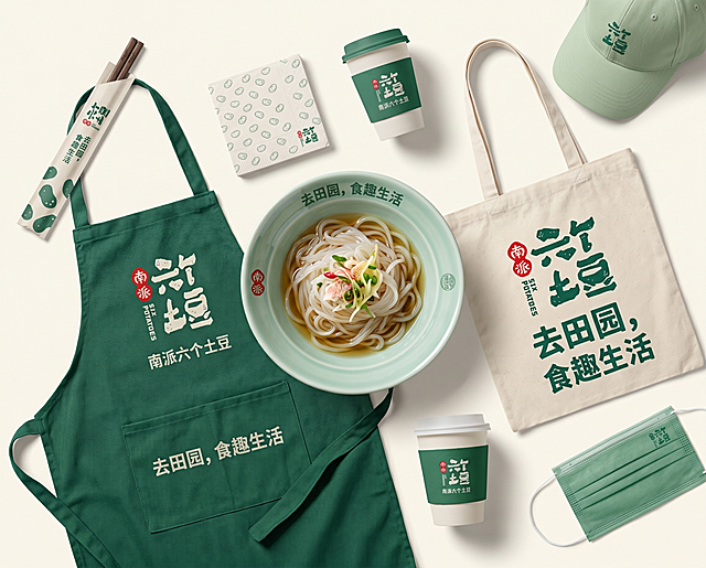 土豆粉餐饮品牌视觉全案效果图，展示的产品包括瓷碗、手提袋、帽子、筷子套、围裙、餐巾纸、纸杯、口罩，使用LOGO"南派六个土豆"，产品宣传口号是"去田园，食趣生活"，主色调为参考图中字体的绿色，所有产品排列在浅色调背景画面中，摆放方式比上一版更松散一些，产品有大有小，精致的工艺，完美的设计，高清出图，画面上下左右两边留有一定的空间，不要全部铺满
