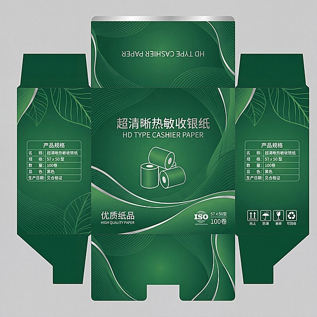 参考参考图，设计一款尺寸为400*400*168的热敏纸箱子高端展开平面图，简约风格，整体主色调改为绿色，更换全新设计图案，不能与原图一样，要有独特的设计风格，整体高端大气上档次，不要太复杂，保留超清晰热敏收银纸产品信息