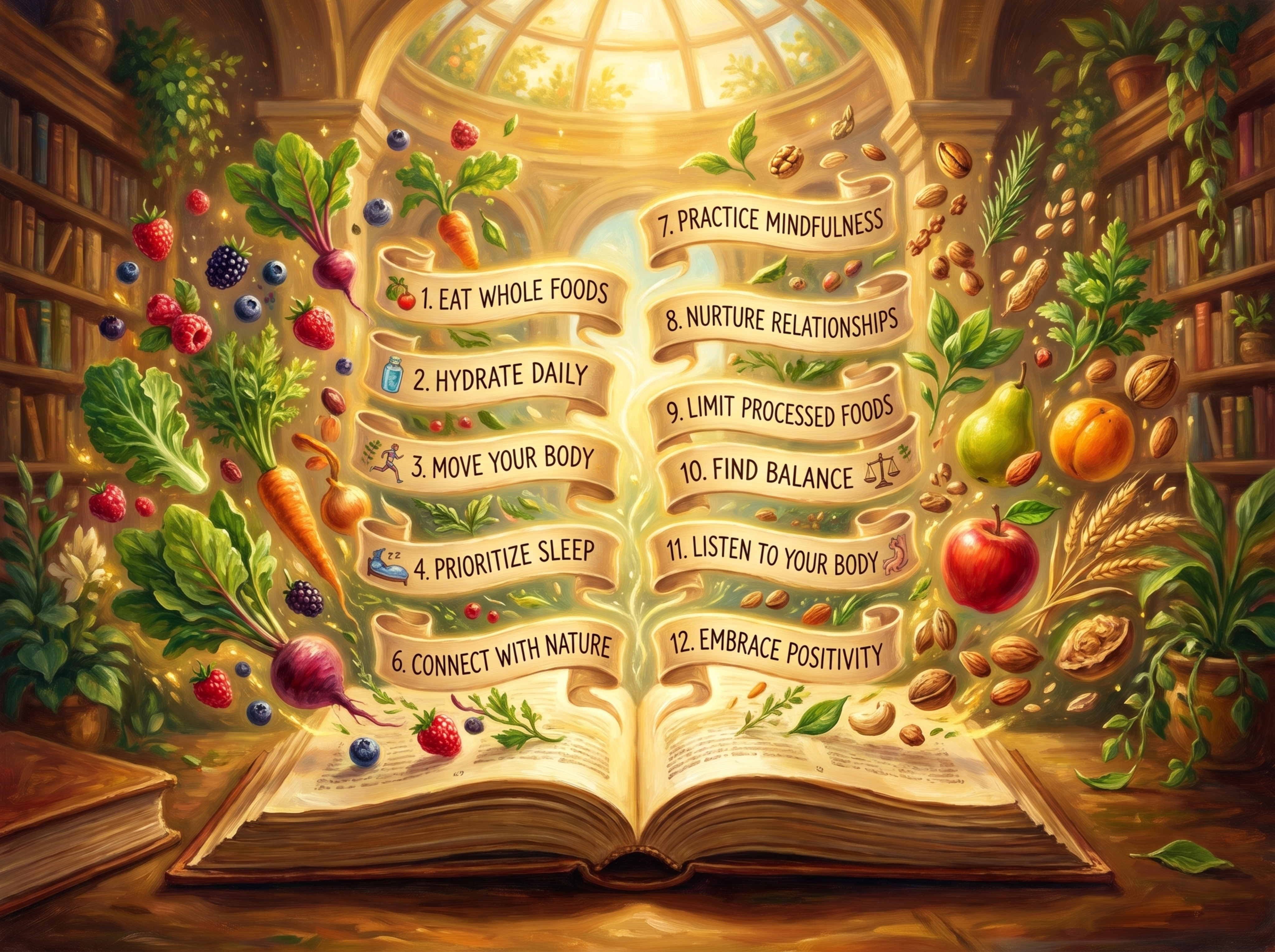 翻开的书本中12条健康建议浮现，周围环绕新鲜天然植物食材，营造… - 图片创意预览