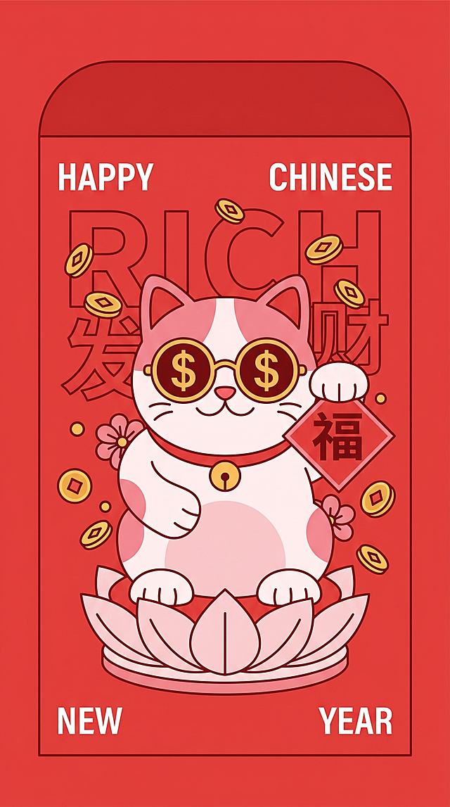 扁平插画风格，正面朝向观众、摆正姿态的招财猫红包图案：一只粉白相间招财猫坐于莲花座上，戴金边墨镜（镜片含美元符号），手持‘福’字方块，背景有‘RICH’艺术字与‘发财’字样；整体红底，左上角‘HAPPY’、右上角‘CHINESE’、左下角‘NEW’、右下角‘YEAR’；超高清，无阴影立体感