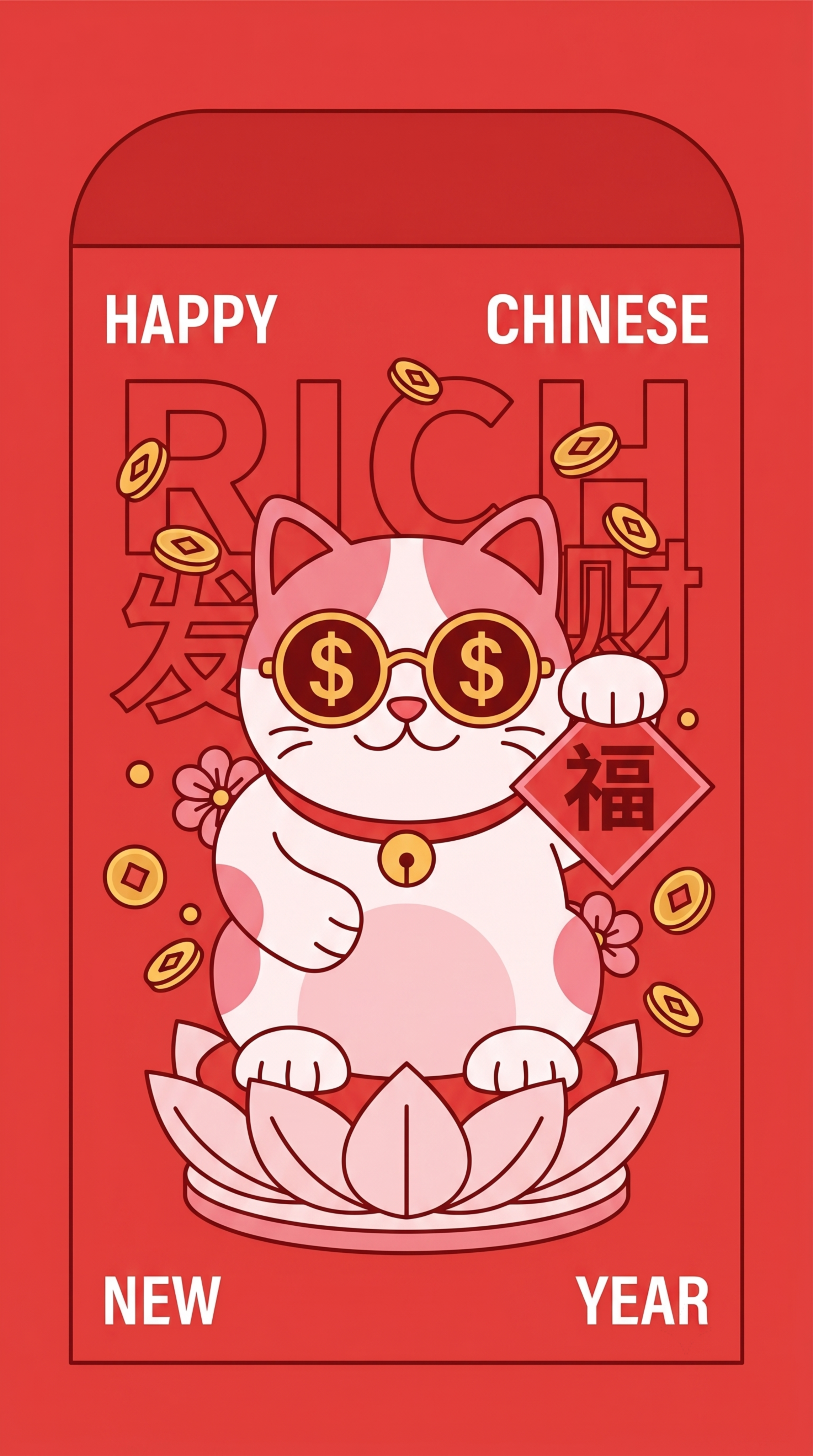 扁平插画风格，正面朝向观众、摆正姿态的招财猫红包图案：一只粉白… - 图片创意预览