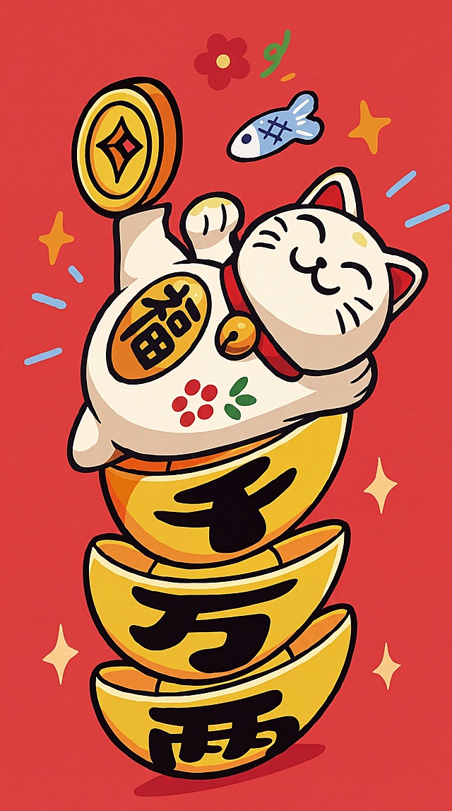 扁平插画风格，正面朝向观众、摆正姿态的招财猫红包图案：一只白底招财猫坐在叠起的三个金色元宝上（元宝刻有‘千’‘万’‘两’），左手举金币，右手持‘福’字牌，旁有蓝鱼、小花、星星；背景纯红；超高清, 无3D阴影，严格按参考图构图与元素布局复现