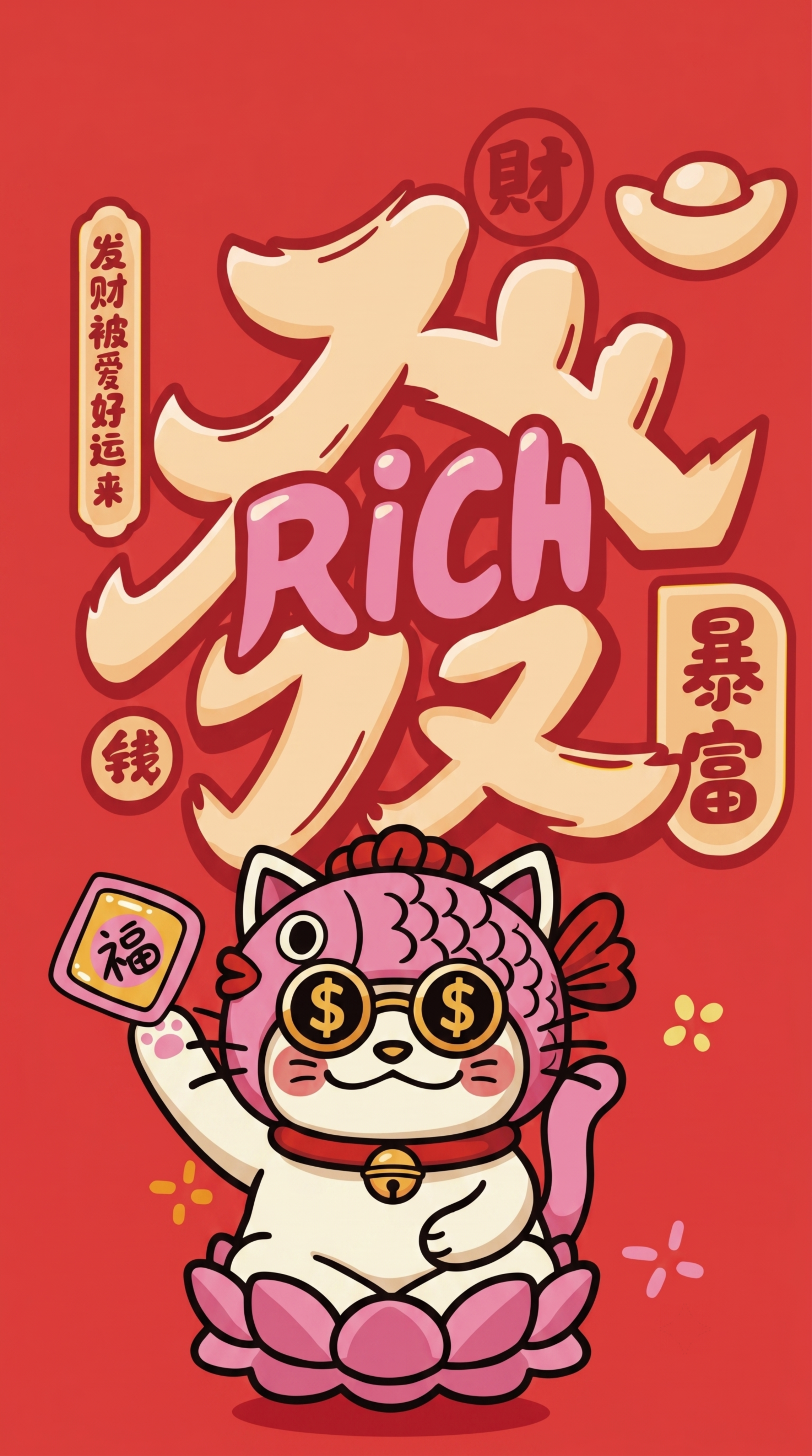 扁平插画风格，正面朝向观众、摆正姿态的招财猫红包图案：一只粉白… - 图片创意预览