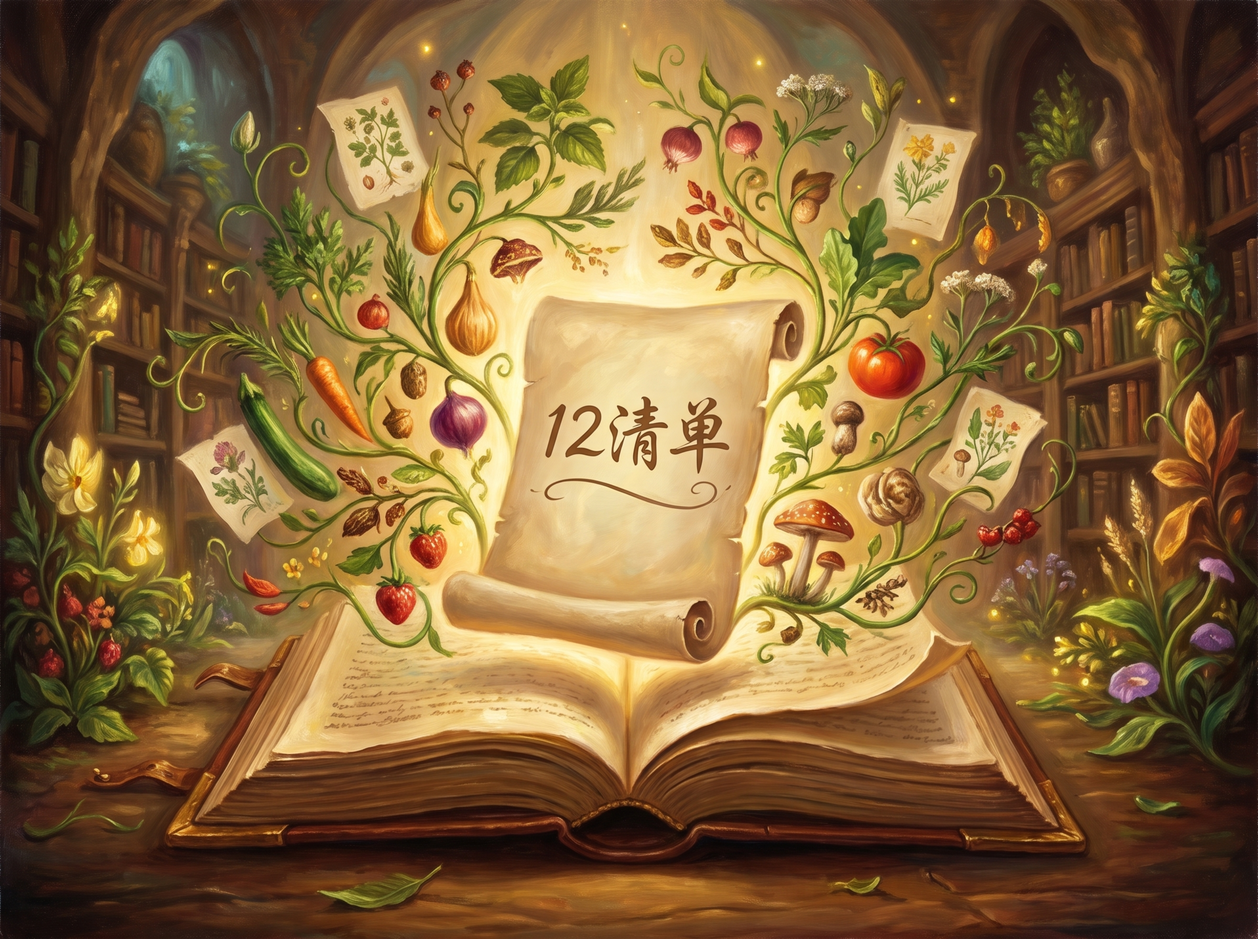 书翻开后，12清单浮现，周围环绕着植物食材，营造知识宝库感，采… - 图片创意预览