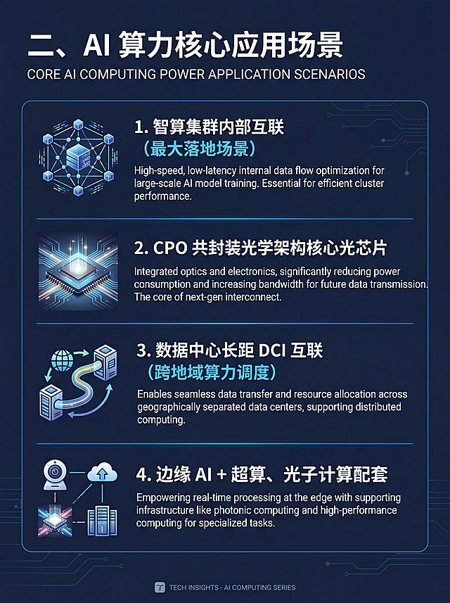 小红书笔记科普内页图，3:4竖版，极简科技干货风，低饱和深蓝色背景，清晰分级排版，内容为「二、AI 算力核心应用场景」，包含四个应用板块：1.智算集群内部互联（最大落地场景）；2.CPO 共封装光学架构核心光芯片；3.数据中心长距 DCI 互联（跨地域算力调度）；4.边缘 AI + 超算、光子计算配套，文字清晰，保留核心要点，留白舒适，信息层级分明，超高清4K画质，无水印