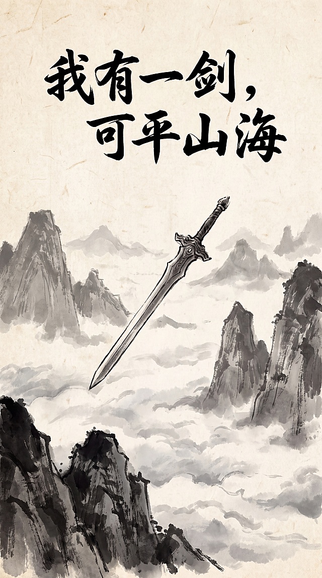 传统修仙小说封面，一柄仙剑悬浮于云海山间，整体水墨国风质感，简约大气，展现剑可平山海的意境，添加书法标题"我有一剑，可平山海"，符合手绘质感，避免过度AI效果