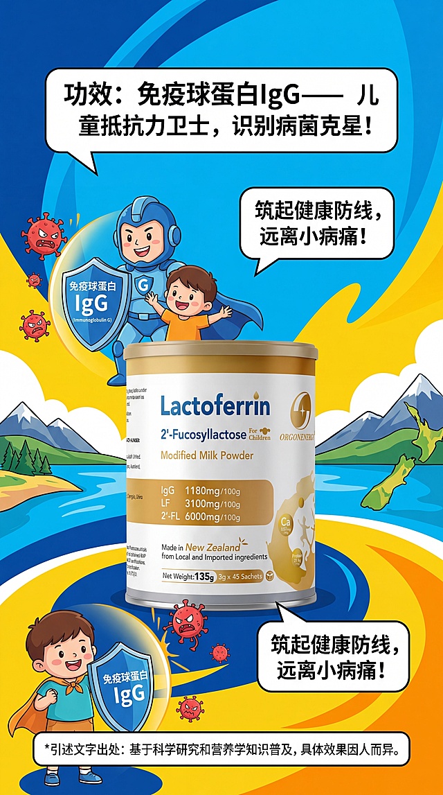 新西兰儿童乳铁蛋白调制乳粉产品科普配图，讲解免疫球蛋白IgG的功效，目标人群是儿童，标注引述文字出处，9:16竖图，色彩对比强烈，有视觉冲击感，画面协调不复杂，产品图放在画面中醒目位置