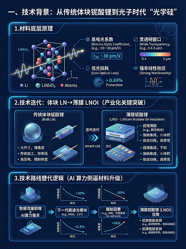 小红书笔记大字科普内页图，3:4竖版，极简科技风，干净信息图表排版，深蓝色低饱和背景，将铌酸锂技术迭代内容分三级清晰展示：一级标题「一、技术背景：从传统体块铌酸锂到光子时代 “光学硅”」，二级标题「1.材料底层原理」「2.技术迭代：体块 LN→薄膜 LNOI（产业化关键突破）」「3.技术路线替代逻辑（AI 算力倒逼材料升级）」，清晰标注核心数据，文字清晰可读，版式规整留白舒适，科技干货风格，超高清4K画质，无水印