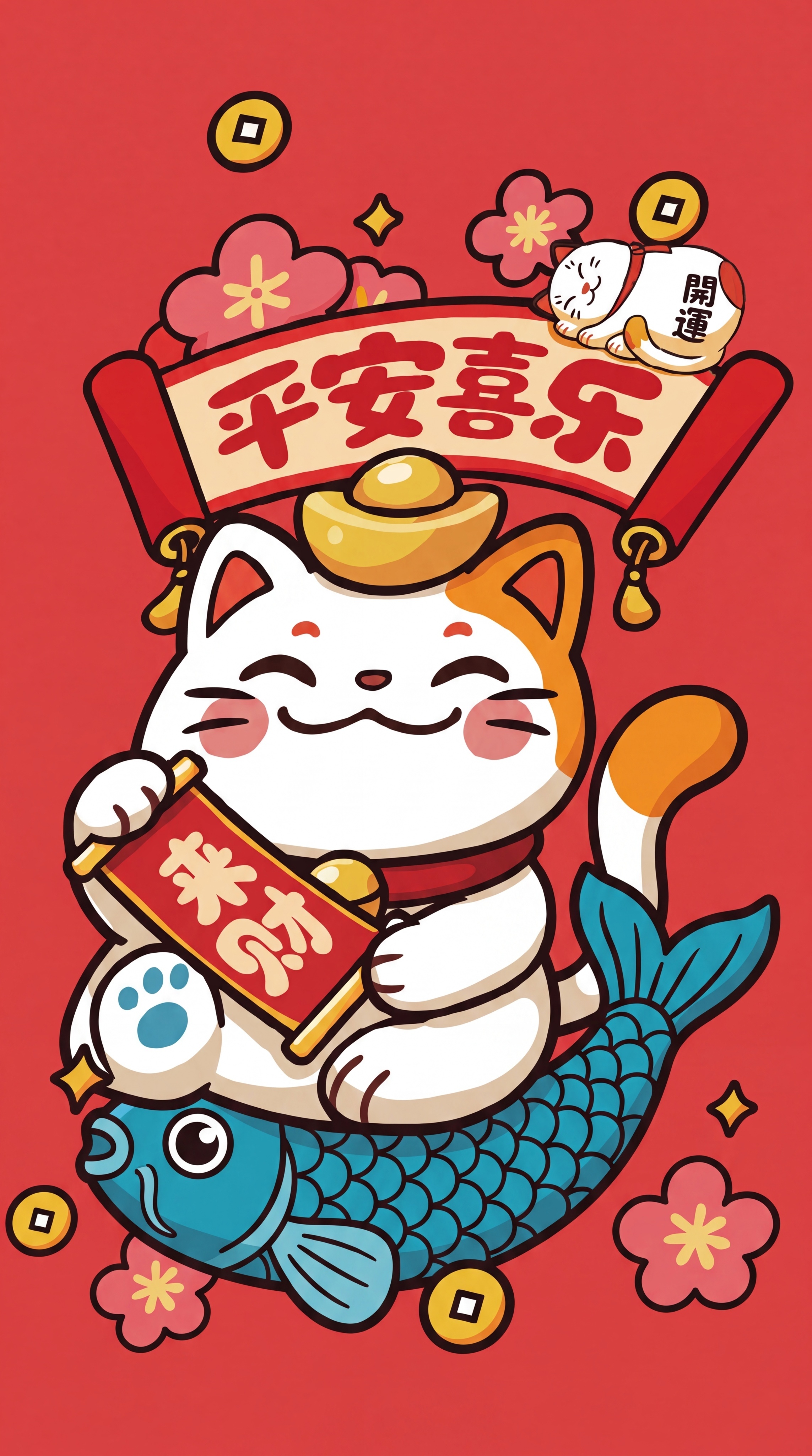 扁平插画风格，正面朝向观众、摆正姿态的招财猫红包图案：一只白底… - 图片创意预览