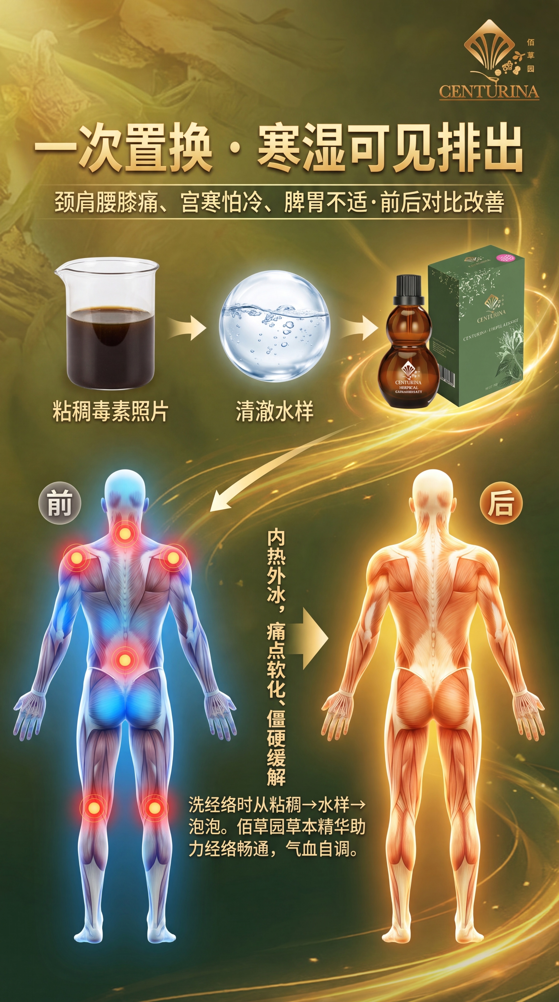 效果见证动态对比风，结果导向维度。主标题："一次置换 · 寒湿… - 图片创意预览