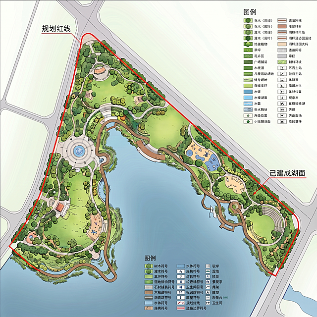 修正图例文字，将所有乱码文字替换为正确的景观设计常用图例名称，保持整体三角滨河公园平面图布局、颜色和现有设计不变，修正所有错误文字