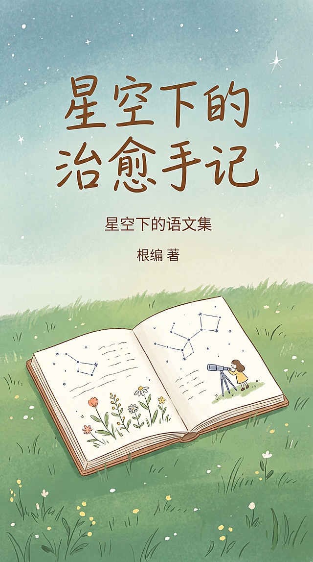 书籍封面设计，《星空下的治愈手记》散文合集封面，清新治愈风格，低饱和色调，简约插画。画面包含星空，绿色草地，放在草地上摊开的笔记本，整体构图简洁干净，书名文字“星空下的治愈手记”放在封面上方合适位置，整体氛围宁静温暖。