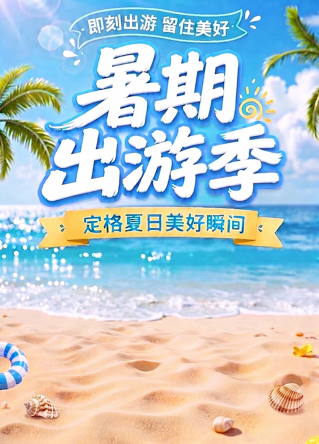 去掉图下方的两台相机，保留原有沙滩、大海、椰树背景和所有文字文案：即刻出游 留住美好 暑期出游季 定格夏日美好瞬间，保持整体风格和配色不变