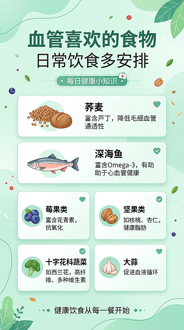 简约清新专业医疗健康风9:16竖版朋友圈科普海报，画面包含主标题"血管喜欢的食物"，副标题"日常饮食多安排"，装饰文案"每日健康小知识"，卖点标签"荞麦""深海鱼"，整体排版干净专业，浅绿色渐变背景，搭配简约新鲜食材剪影图形，文字清晰可读，版式精美，专业健康科普内容种草风格，分辨率超高清