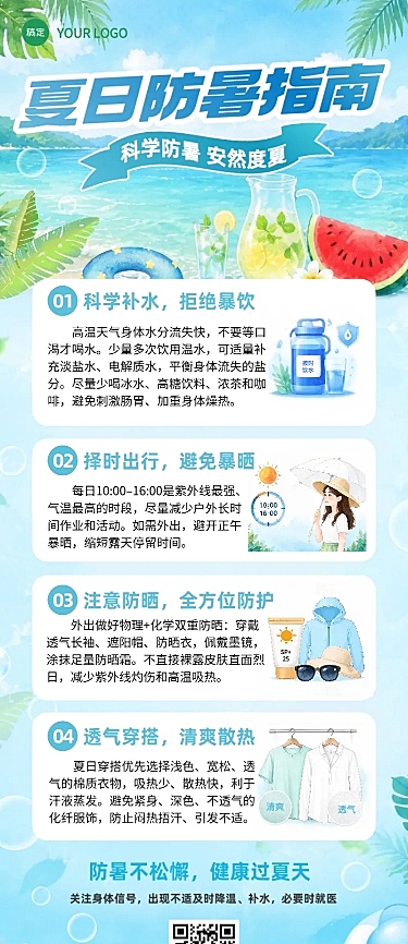 夏季防暑科普指南科普宣传清新夏日风长图海报