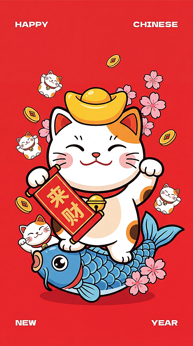 扁平插画风格，正面朝向观众、摆正姿态的招财猫红包图案：一只白底橘耳招财猫，举着写有‘来财’的红色卷轴，头戴金色元宝，脚踩蓝色锦鲤，周围有粉色花朵、金币和小招财猫；背景为纯红底，左上角‘HAPPY’、右上角‘CHINESE’、左下角‘NEW’、右下角‘YEAR’；超高清，无阴影立体感，线条清晰