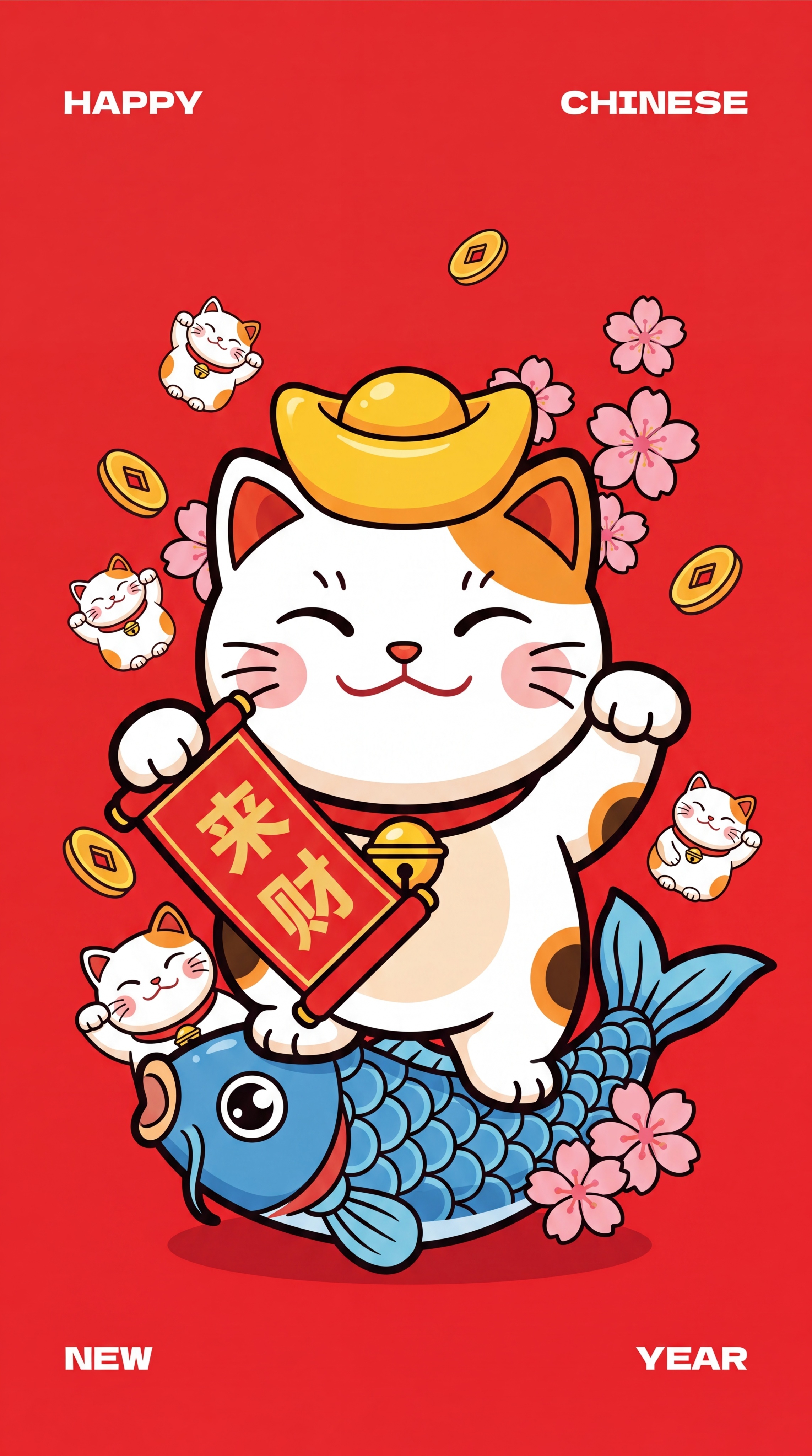 扁平插画风格，正面朝向观众、摆正姿态的招财猫红包图案：一只白底… - 图片创意预览