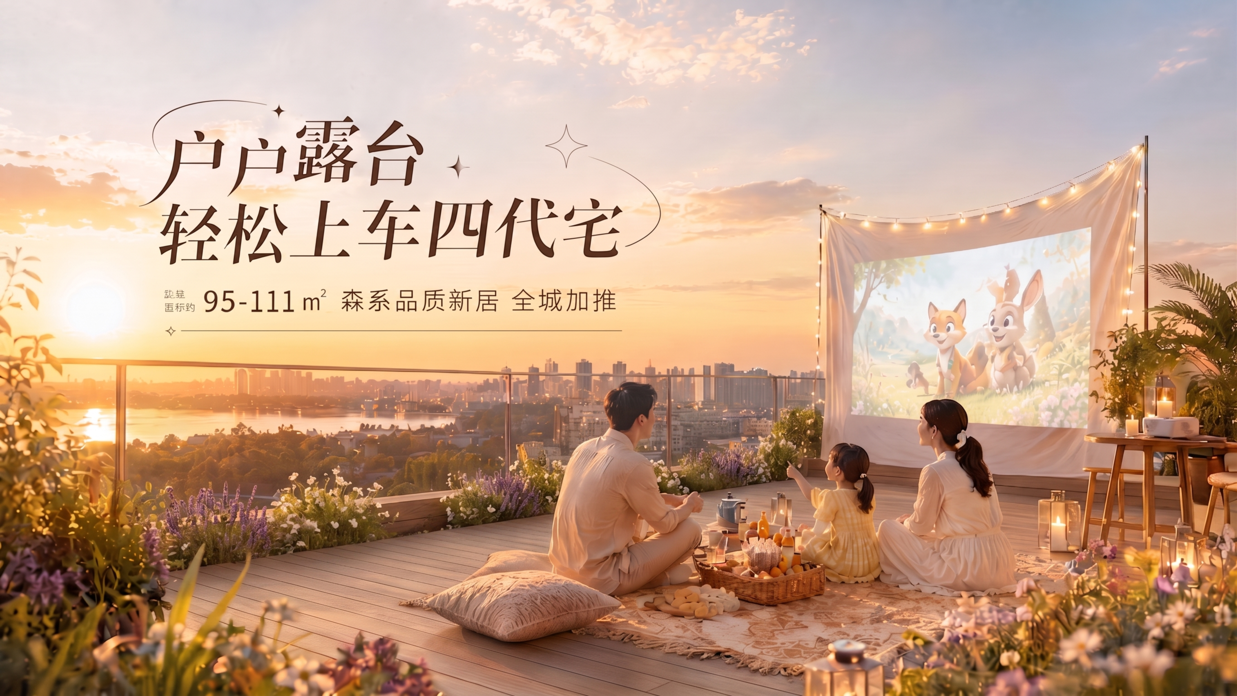 保留露台后方的城市建筑远景，体现室内外空间关系；沿着露台一圈的… - 图片创意预览