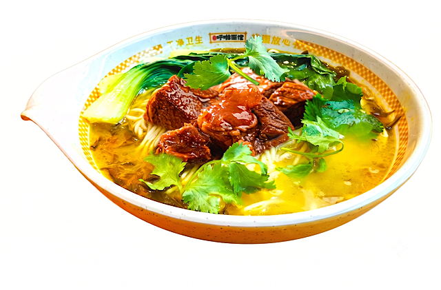 调整图中牛肉块的颜色，使其更接近真实炖煮后的深褐色（非鲜红），保留肉质纹理与酱汁光泽，整体保持写实高清风格，其他元素（汤色、青菜、香菜、碗具）不变。