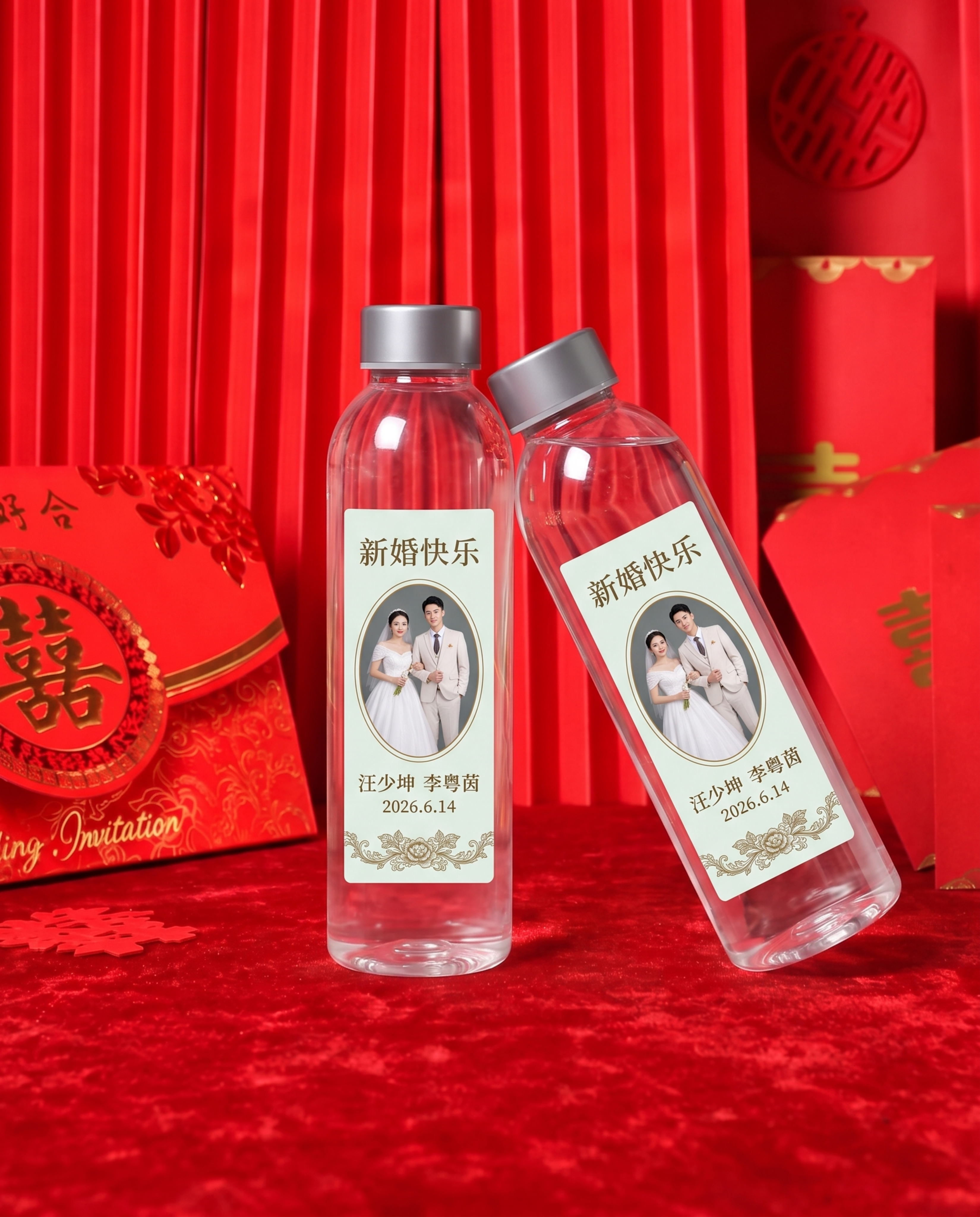 商业产品摄影，中式婚礼场景，红色丝绒台面，红色竖向褶皱背景布，… - 图片创意预览