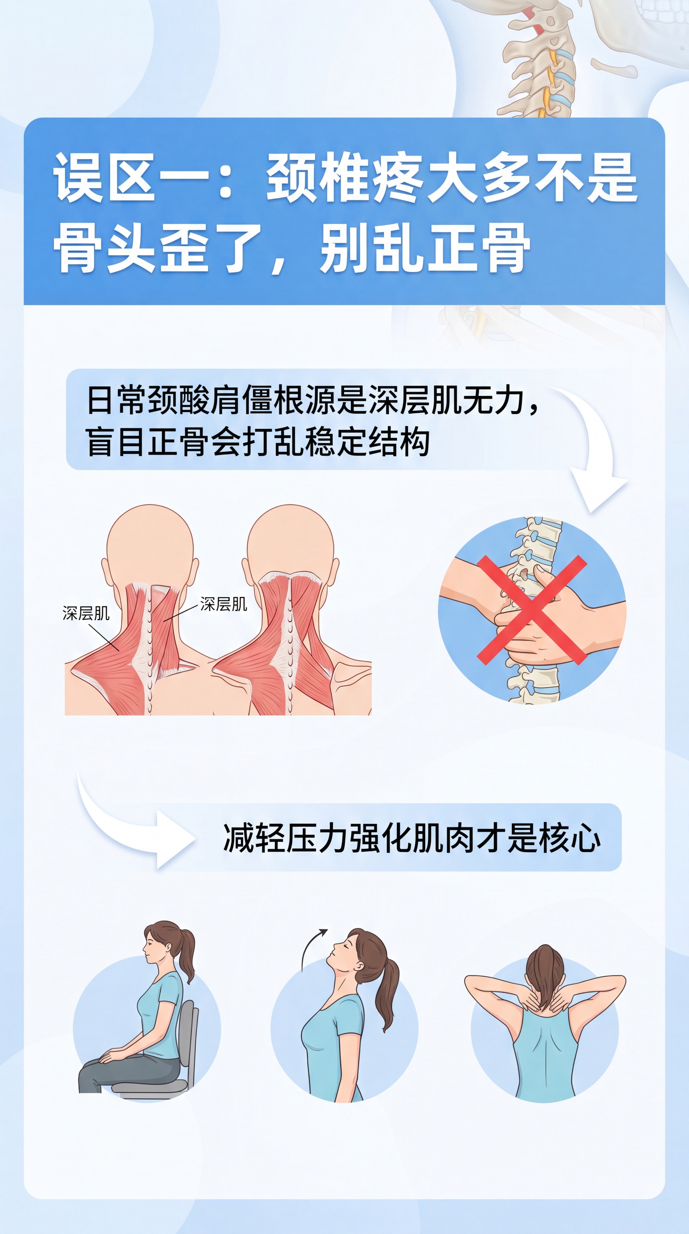 健康科普配图，主标题是“误区一：颈椎疼大多不是骨头歪了，别乱正… - 图片创意预览