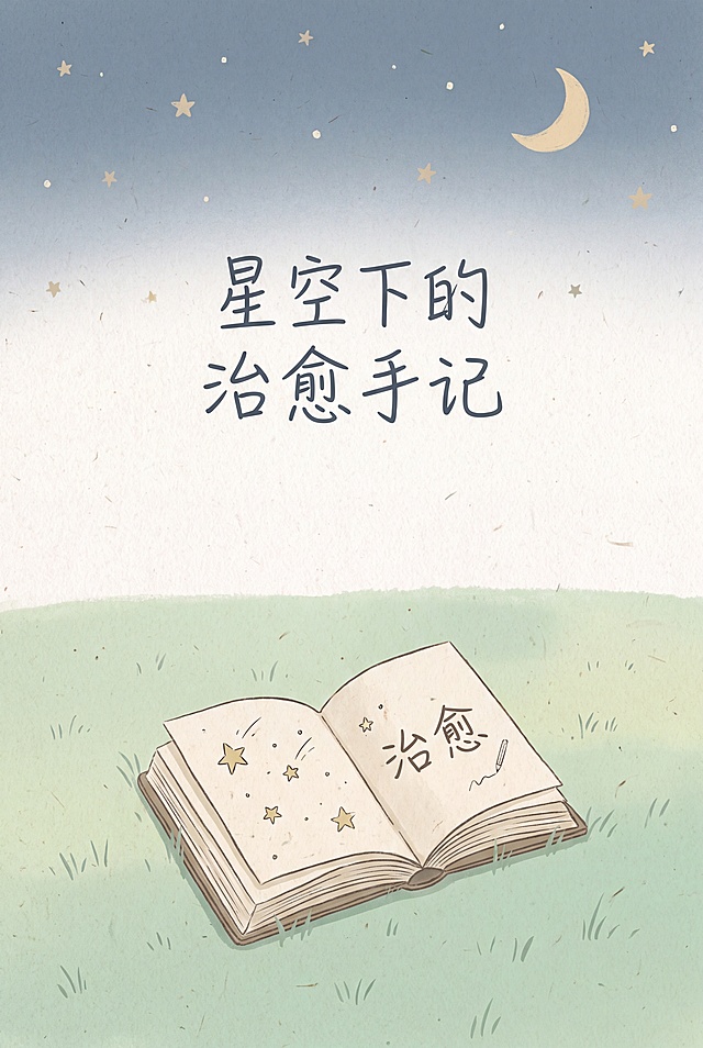 设计《星空下的治愈手记》书籍封面，要求是清新治愈风格、低饱和色调、简约插画风，画面包含星空、草地和笔记本核心元素，书名文字"星空下的治愈手记"放置在封面合适位置。