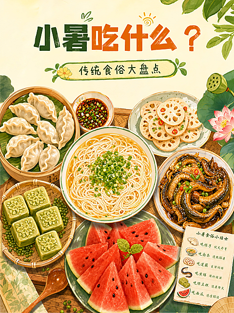 小暑传统食俗大盘点知识科普分享手绘插画风小红书封面