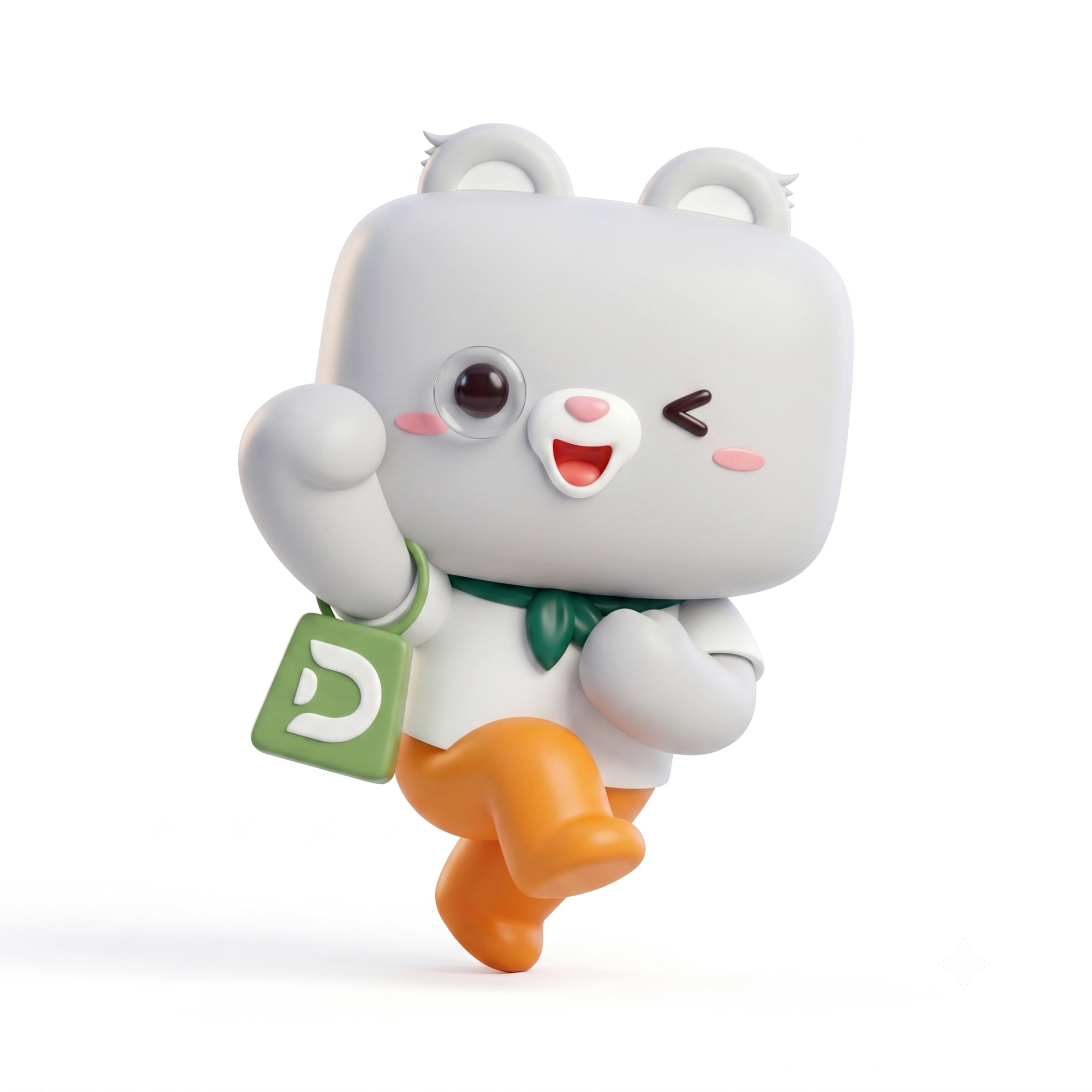 参考图1的3D潮玩盲盒方块小熊渲染风格，生成图2的眨眼奔跑款方… - 图片创意预览