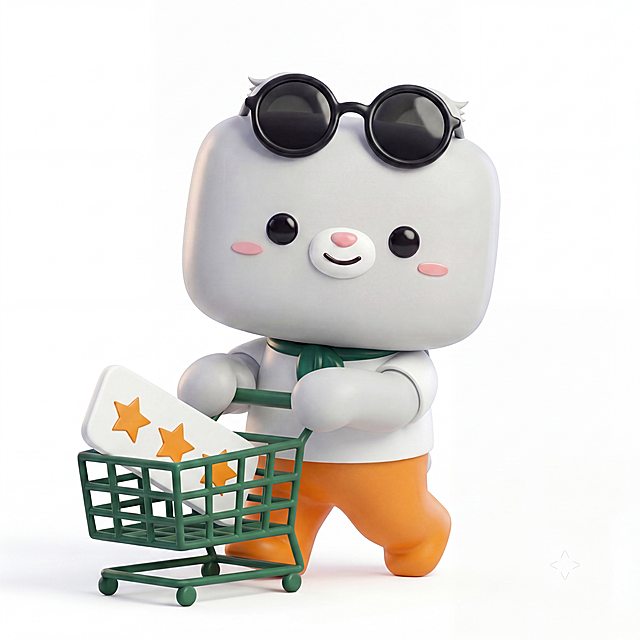 根据参考图2的视角与姿态，调整图1的3D潮玩方块小熊：保持推购物车动作、墨镜、配色（浅灰熊身/白上衣/墨绿领巾/橙裤子/深绿推车/带星卡片）不变，但改为正面略偏右45度视角，头部正对前方，双眼平视，嘴巴为微笑闭合状态，双手扶推车把手位置更自然，整体符合商超宣传吉祥物风格，纯白背景柔光渲染，软胶哑光材质，布线规整可绑定