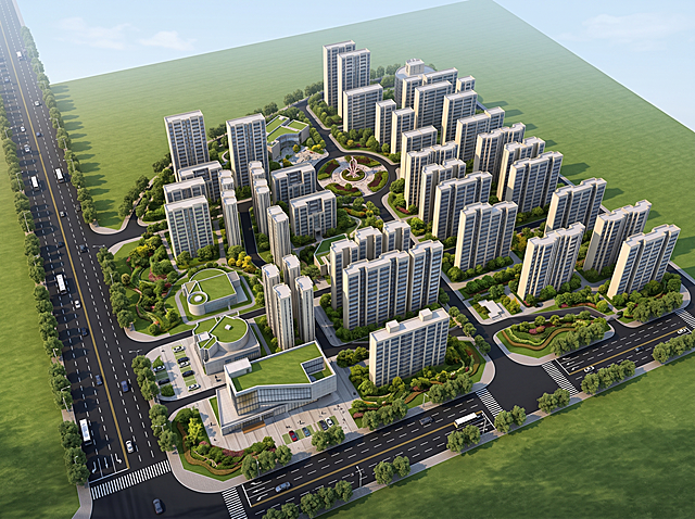 居住区规划鸟瞰效果图，写实建筑景观渲染，高层板式住宅组团，中央圆形环岛景观核心，规整社区路网，大面积绿化草坪，左侧配套公建（社区文体场馆），外围城市主干道，柔和日光清晨光影，干净通透写实风格，8K超清，建筑材质细腻，行道树、组团绿地、灌木层次丰富，真实路面沥青质感，浅蓝天柔和天空，自然环境氛围，住宅外立面简约现代，整体布局疏密有致，人居社区氛围，无水印，建筑体量与原图完全匹配，鸟瞰45°斜视角