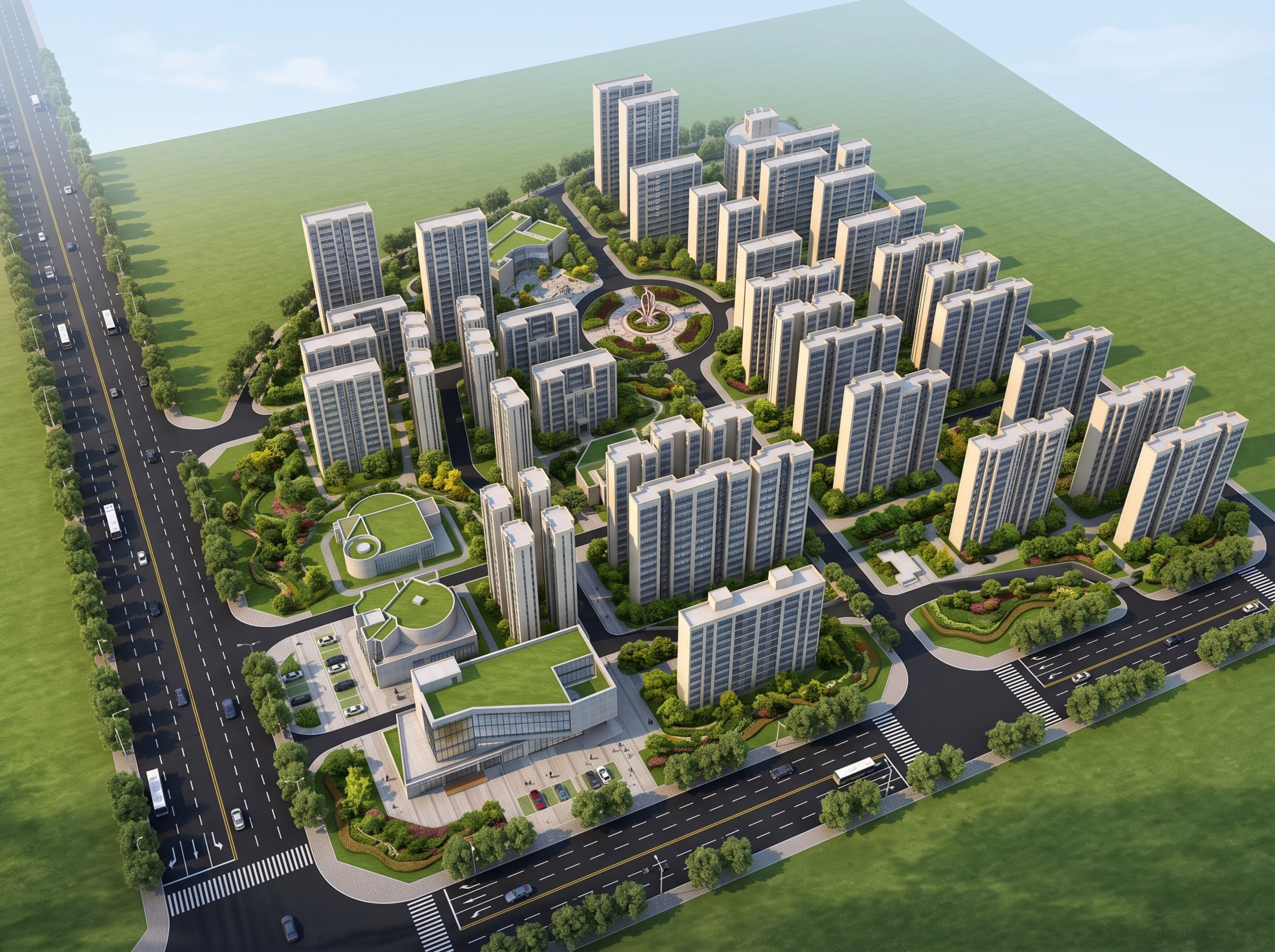 居住区规划鸟瞰效果图，写实建筑景观渲染，高层板式住宅组团，中央… - 图片创意预览