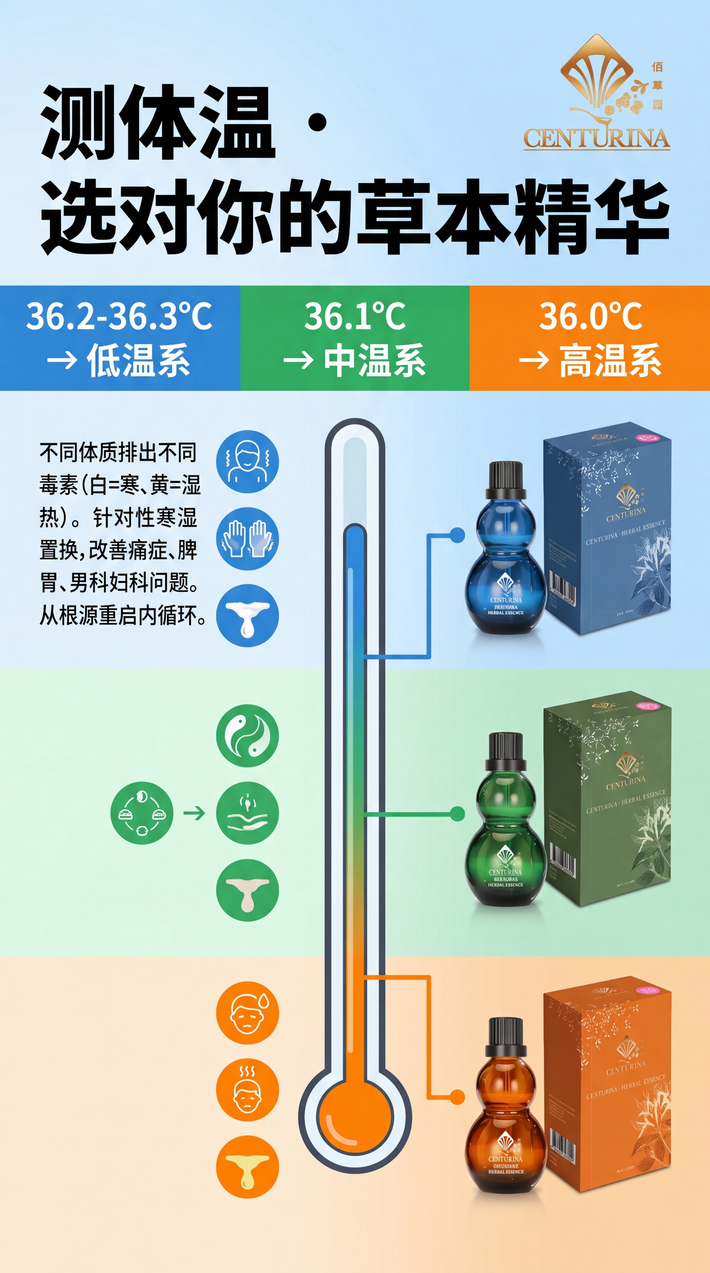 体质匹配科学分区风，精准个性化维度。主标题："测体温 · 选对… - 图片创意预览
