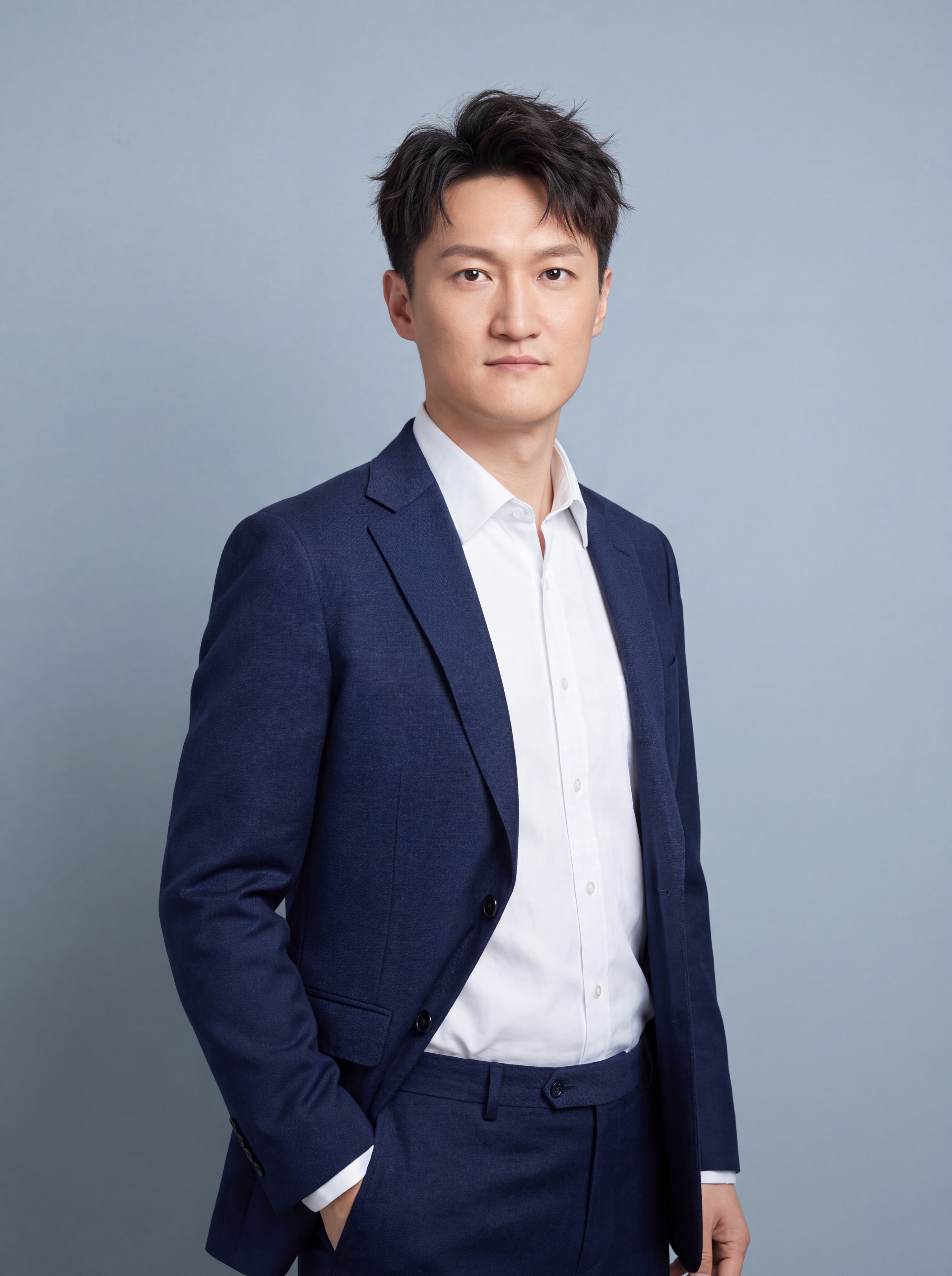 参考图中保留人物脸型特征，生成一张年轻的企业高管半身职业形象照… - 图片创意预览