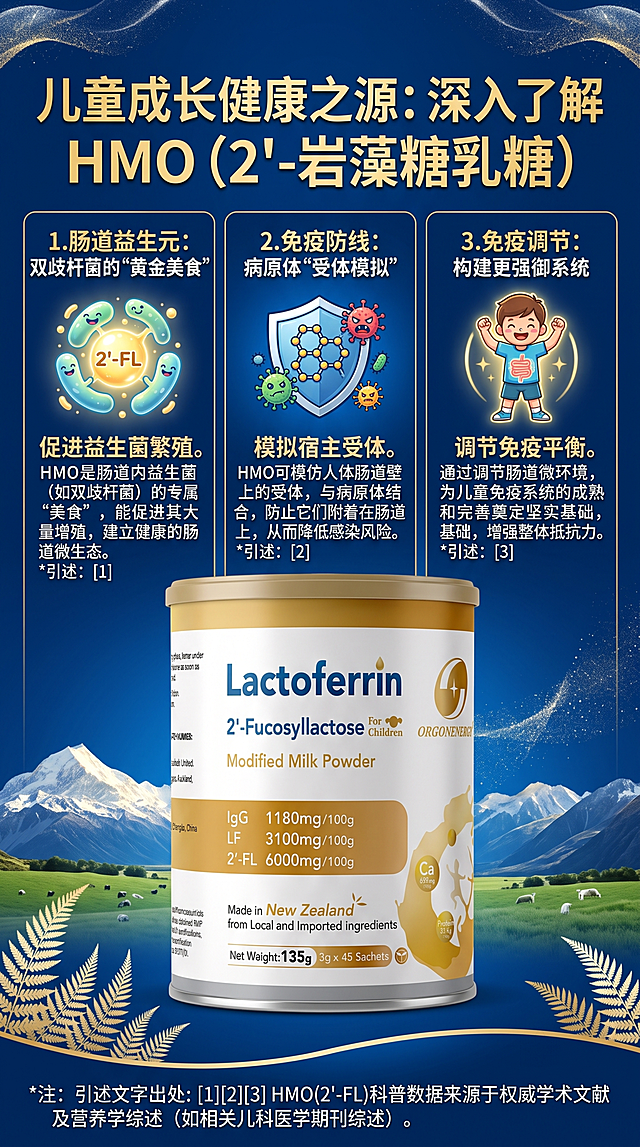 新西兰儿童乳铁蛋白调制乳粉产品科普配图，讲解HMO（2'-岩藻糖乳糖）的功效，目标人群是儿童，标注引述文字出处，9:16竖图，色彩对比强烈，有视觉冲击感，画面协调不复杂，产品图放在画面中醒目位置