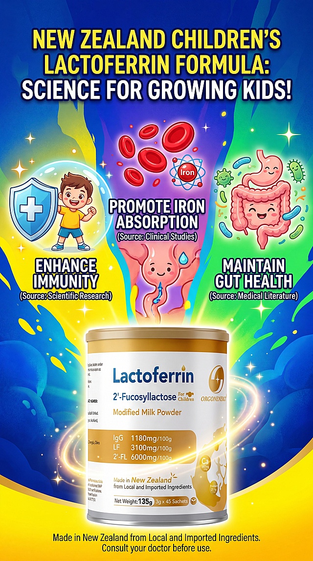新西兰儿童乳铁蛋白调制乳粉产品科普配图，讲解乳铁蛋白的功效，目标人群是儿童，标注引述文字出处，9:16竖图，色彩对比强烈，有视觉冲击感，画面协调不复杂，产品图放在画面中醒目位置