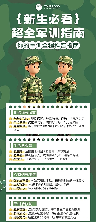 3d卡通大学生军训指南知识分享长图海报