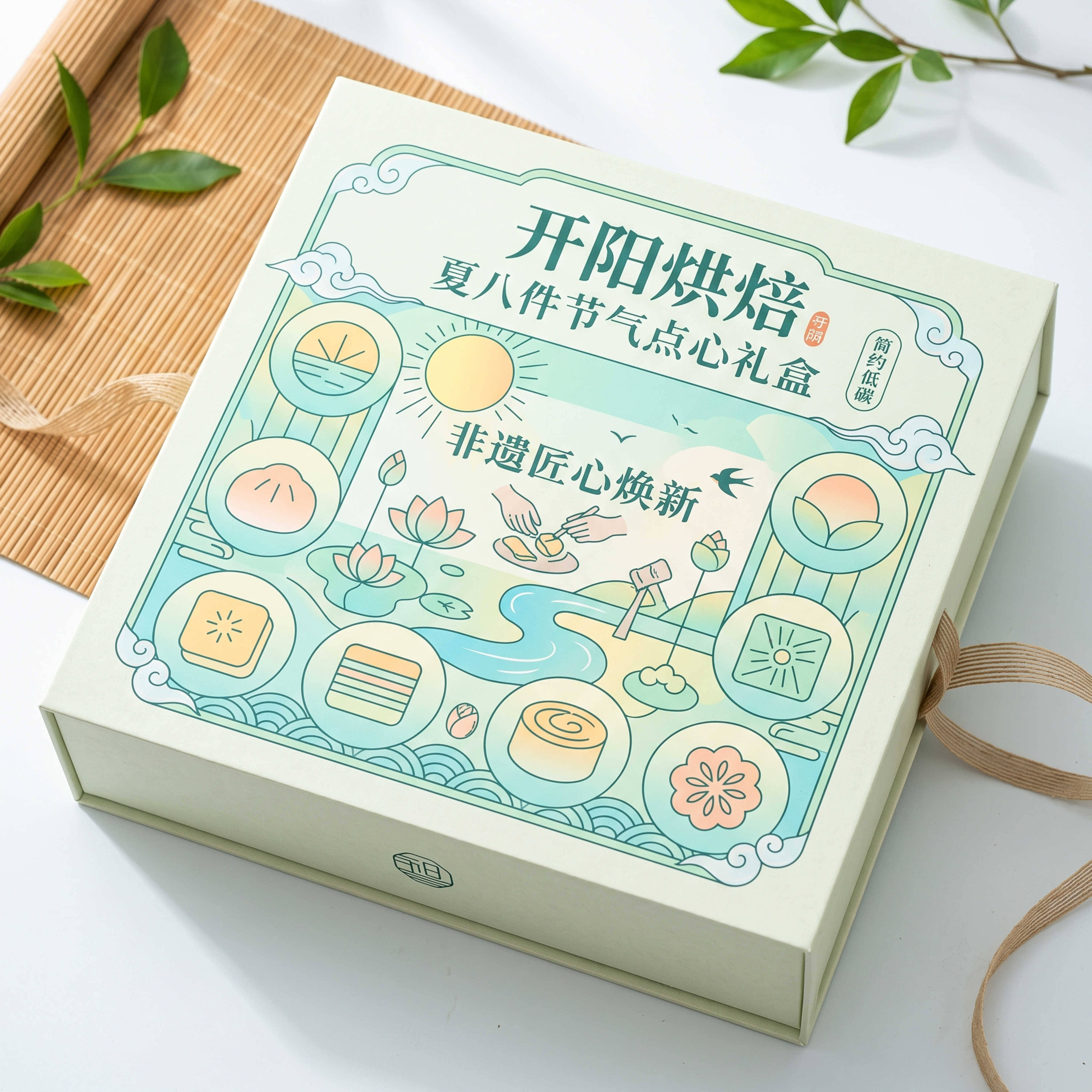 开阳烘焙品牌，开阳夏八件节气点心礼盒设计，国潮清新风格，简约低… - 图片创意预览