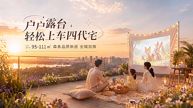 保留露台后方的城市建筑远景，体现室内外空间关系；沿着露台一圈的植物全部保留，只适当减少密度不要过于茂密，保持整体通透清爽；露台中间区域保留木质地板；保持所有文字内容、人物和地垫等氛围元素不变，整体光影色调和原图一致