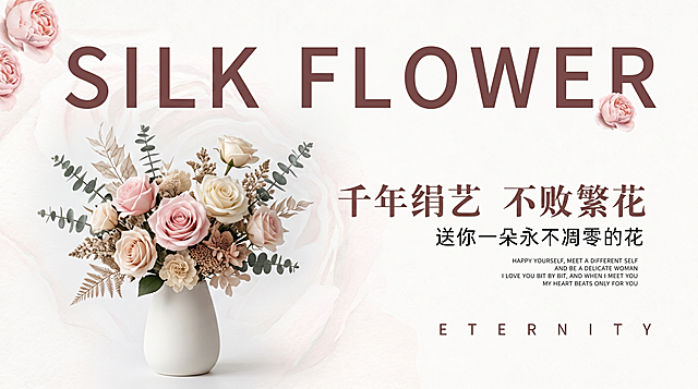 原图去掉左下角的人像模特，去掉右下角水印，保留所有文字不变，在原模特位置放置一张高品质的仿真花艺装饰，调亮背景颜色，保持整体简约高级 Ins 风，风格统一和谐不突兀，制作成淘宝店铺店招
