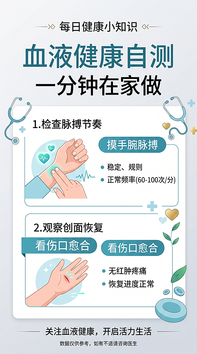 简约清新专业医疗健康风9:16竖版朋友圈科普海报，画面包含主标题"血液健康自测"，副标题"一分钟在家做"，装饰文案"每日健康小知识"，卖点标签"摸手腕脉搏""看伤口愈合"，整体排版干净专业，浅灰色渐变背景，搭配简约听诊器健康图形，文字清晰可读，版式精美，专业健康科普内容种草风格，分辨率超高清