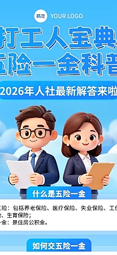 3d卡通五险一金知识科普分享长图海报