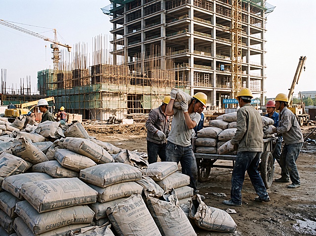 真实建筑工地场景，灰色袋装水泥堆放在施工现场，有工人正在搬运水泥，背景是在建的高楼和钢筋支架，户外自然光，写实风格照片