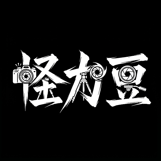干净的纯黑色背景。平面艺术字体设计，三个字"怪力豆"，硬笔书法风格，文字清晰锐利，笔法刚劲有力，具有强烈的个人风格，自然融入摄影师相关元素到笔画结构设计中，字体为纯白色，仅包含三个字："怪力"、"豆"，不得增加、遗漏或替换任何一个字。文字整体必须完整呈现在画面内不可被裁切，四周留有安全边距。分辨率8K，超高清晰度。